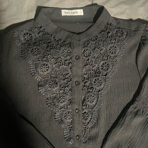 Grace Karin Charcoal Lace Embellished Blouse